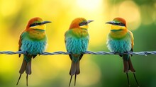Three Colorful Birds Perched On A Wire With A Blurred Green Background