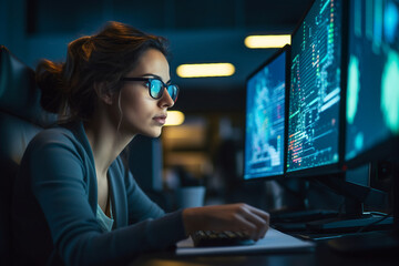 Hard working person in modern interior office programming writing web java script code AI technology generation