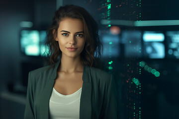 Hard working person in modern interior office programming writing web java script code AI technology generation