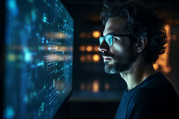Hard working person in modern interior office programming writing web java script code AI technology generation