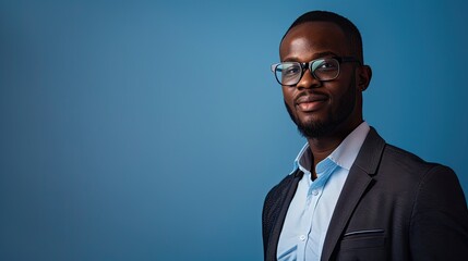 Wall Mural -  Afro Black man portrait, for business profile, blue background.