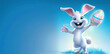 3D cartoon Easter bunny character holds an Easter egg in his hand on a blue background with copy space. 3d illustration. Banner for sales and marketing