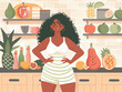 Happy plus size woman standing with fruits for making healthy food in kitchen. 