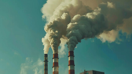 Industrial power plant with thick CO2 smoke from chimney. Pollution and carbon dioxide emissions footprint from fossil fuel burning. Global warming cause and urban environment problem from factories 