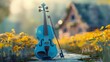 blue violin with yellow flower garden
