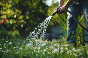 Close up of a hand holding a hose pipe watering the garden in summer