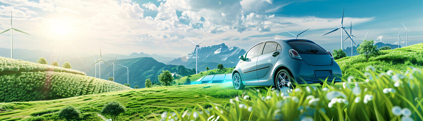 Conceptual image of a sustainable renewable energy landscape featuring a hydrogen fuel cell vehicle as a symbol of green technology advancement