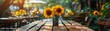 Sunflowers on a Wooden Table at an Outdoor Cafe, To convey a sense of warmth and comfort in an outdoor setting, perfect for a summer brunch