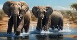Fototapeta  - Illustrate a scene of baby elephants playing with balls in a waterhole. Capture the ultra-realistic details of the water splashes, the wet texture of the elephants' skin-AI Generative