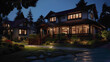 Moonlit traditional craftsman house exterior, its deep mahogany hues exuding timeless elegance from a bird's-eye view.
