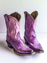 Wall Mural - Pair of old purple cowboy boots on white background.