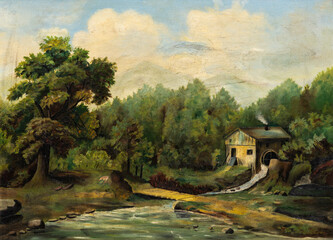 vintage oil painting depicting a watermill house in wilderness.