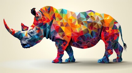 Wall Mural - a rhinoceros made up of triangles is standing on a white surface and has its head turned to the side.