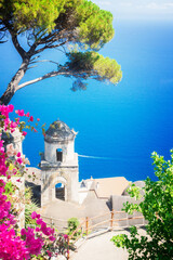 Poster - Belltower in Ravello village, Amalfi coast of Italy, retro toned