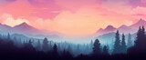 Fototapeta Most - Picturesque gradient forest with misty trees and a colorful sky, showcasing the cutest and most beautiful woodland scenery.