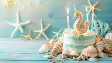 Beautiful Cake With Seashells, Seahorses And Candles On Wooden Background, Ocean Theme, Copy Space For Celebration Event