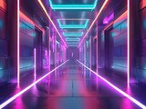 Fototapeta  - A digital illustration of a futuristic corridor bathed in vibrant neon lights, with a perspective that draws the eye towards infinity. Resplendent