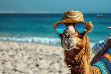 camel in sunglasses and hat on the beach near the sea, looking at the camera. summer vacation by the sea with copy space