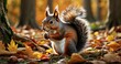 Illustrate a scene of a cute squirrel foraging for acorns in a vibrant autumn setting. Pay meticulous attention to the ultra-realistic details of the squirrel's fur, the fallen leaves-AI Generative