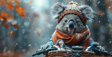 A Koala Wearing A Winter Hat And Scarf Riding A Bike In The Snow With It's Mouth Open.
