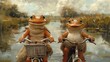 a couple of frogs riding on the back of bikes next to each other in front of a body of water.