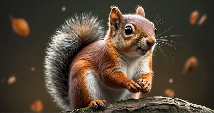 Compose an image of a cute squirrel holding a nut with its tiny paws. Pay attention to the ultra-realistic details of the squirrel's fur, the texture of the nut-AI Generative