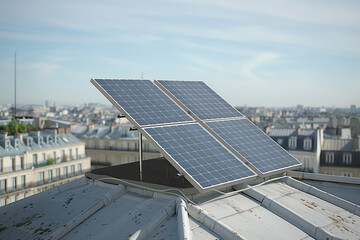 Solar pannels on top of a building in the middle of a city. AI Generated