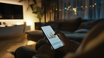 Person sitting on the sofa at the end of the day, has in his hands a mobile phone consulting an application of energy expenditure.