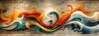 Vivid abstract mural painting with flowing waves of orange and blue on a concrete wall, expressing dynamic movement and energy.