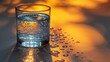 a glass of water sitting on a table with water droplets on the table and a yellow light in the background.