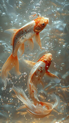 Two golden fish on the sparkling light golden water,generative ai