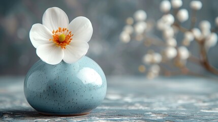 Poster - a blue vase with a flower in it on a table next to a branch of a tree with white flowers.