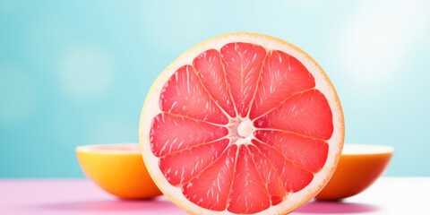 Wall Mural - Juicy Ripe Grapefruit Slice - Burst of Freshness and Tangy Delight on Vibrant Citrus Background