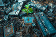 Roots entwining around an old discarded technology a plants leaves reaching for sunlight in a contrast of natural growth and electronic waste