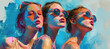 Cool and Contemporary Three Young Women in Sunglasses on Abstract Blue Background Painting