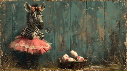 Wall Mural - a painting of a zebra in a tutu and a basket of eggs in front of a painted wooden fence.