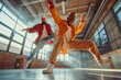 A young, happy couple performs breakdancing and footwork steps in a colorful, lively room.