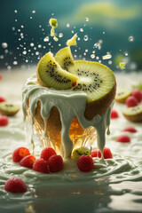 Wall Mural - A succulent kiwi slice nosedives into a surge of flowing cream, the liquid wrapping around the fruit in a luscious cascade.