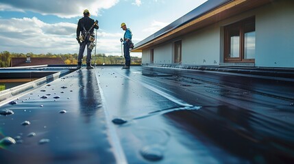 Poster - A team of construction workers in safety harnesses applying a black sealant coating to the flat roof of a suburban home. Generative AI.