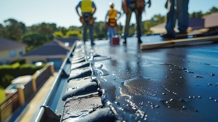Poster - A team of construction workers in safety harnesses applying a black sealant coating to the flat roof of a suburban home. Generative AI.
