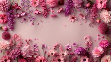 A Bunch Of Pink And Purple Flowers On A Light Pink Background With A Place For A Text Or A Picture.