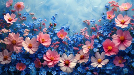 a painting of pink, blue and white flowers on a blue and white background with a blue sky in the background.