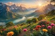 Nature landscape, rive, mountains, flower, grass and tree. Mountain landscape, path.