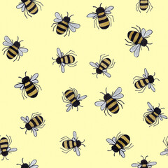 Wall Mural - Cute cartoon line art seamless pattern with golden lined hand drawn honey bees with silver wings on yellow background.Print wrapper,cards,invitations