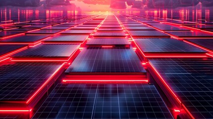Wall Mural - a neon red residential solar panel array. aerial high view. generative ai.