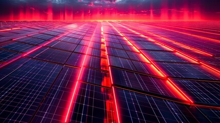 Wall Mural - a neon red residential solar panel array. aerial high view. generative ai.