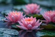 Vivid pink water lilies floating on a calm pond, petals bejeweled with fresh raindrops.