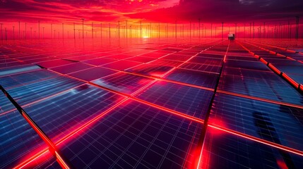 Wall Mural - a neon red residential solar panel array. aerial high view. generative ai.