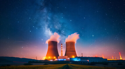 Wall Mural - Nuclear power plant with milky way galaxy background