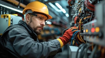 Aufkleber - Electrician wearing gloves, conducting a safety inspection in a commercial building, emphasizing the importance of maintaining electrical safety standards. Generative AI.